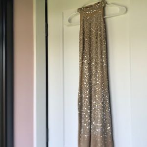 Tan, halter-top rhinestone mini/body con dress